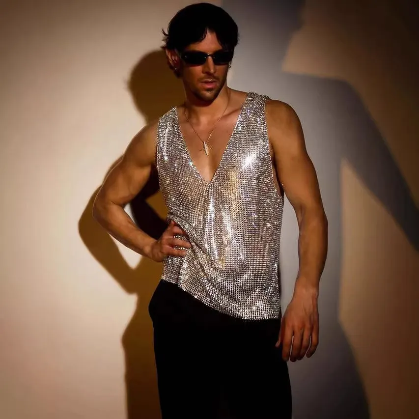 Men's Silver V-Neck Rhinestone Vest Clubwear Sparkly Sleeveless Top For Music Festival Party Performance Polyester Rhinestone Outfit