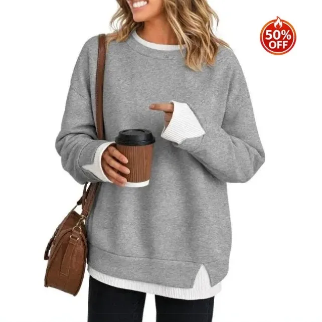 Dames Casual Losse Nep Tweedelig Sweatshirt Lange Mouwen Patchwork Ronde Hals Effen Kleur Gestreepte Pullover Top Streetwear