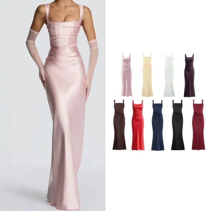 Franse Stijl Dames Satijnen Avondjurk Elegant Slim Fit Spaghettibandjes Visgraat Lijfje Lint Decoratie Feest Maxi Jurk