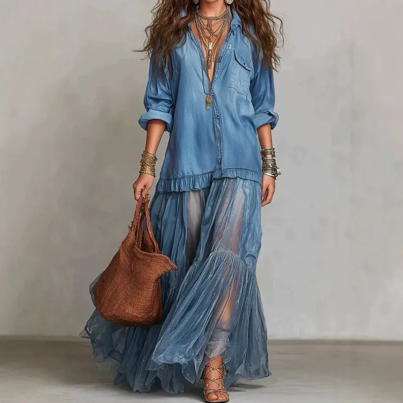 Women's Vintage Lapel Faux Denim Spliced Maxi Dress Loose Long Sleeve Tiered Mesh Casual Boho Dress With Pockets