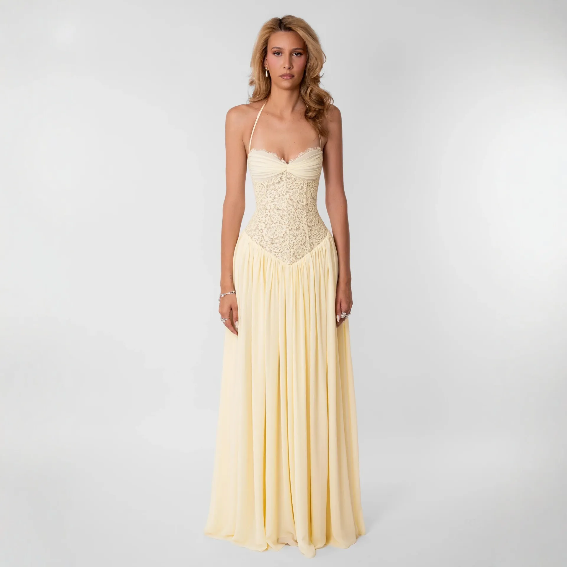 Kant Visgraat Halster Geplooide Maxi Jurk Vrouwen Elegant Rugloos Off-Shoulder Avond Banket Feest A-Lijn Lange Jurk
