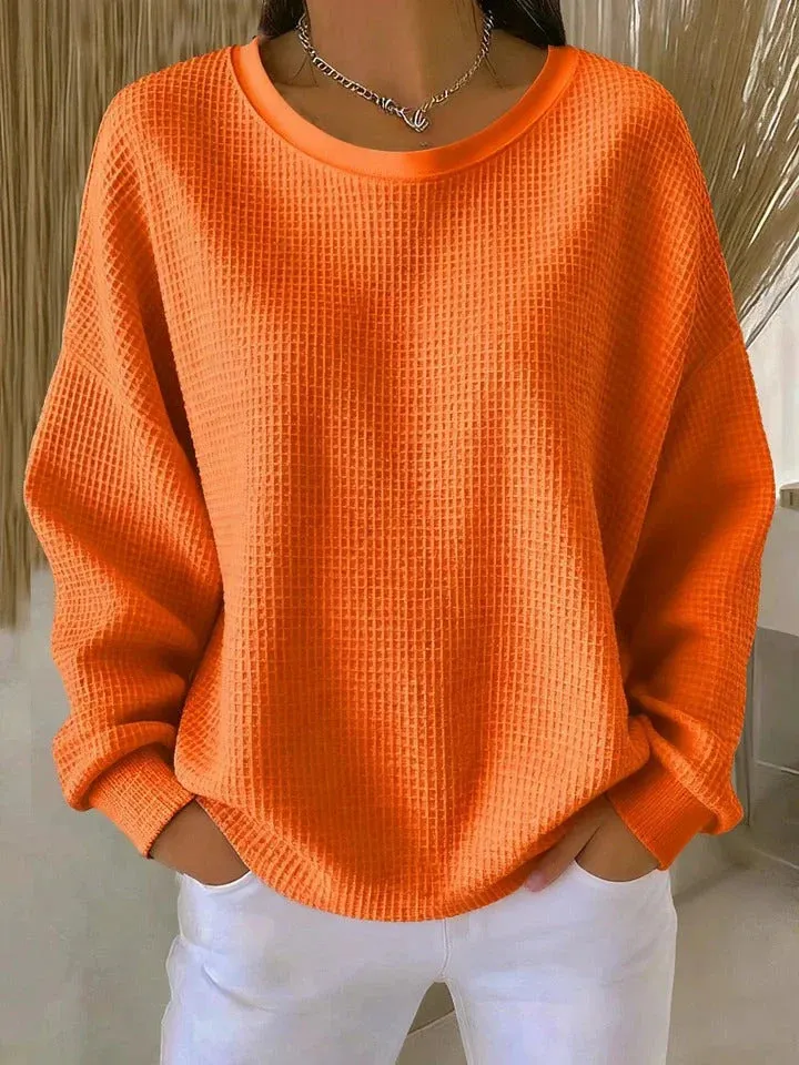 Women's Casual Solid Color Waffle Knit Sweatshirt Crew Neck Long Sleeve Pullover Loose Fit Fashion Top