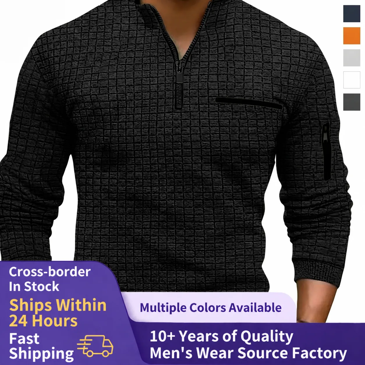 Men's Long Sleeve Waffle Check Polo Shirt Quarter Zip Stand Collar Casual Golf Polo Top with Arm Zipper Pocket