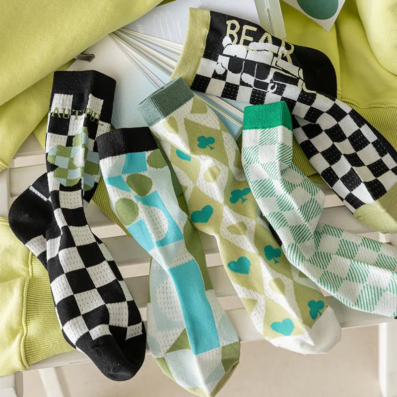 Women Cotton Mesh Breathable Socks Mid-Tube Casual Fresh Green Checkered Geometric Pattern Summer Spring Autumn Fashion Hosiery Daily Wear