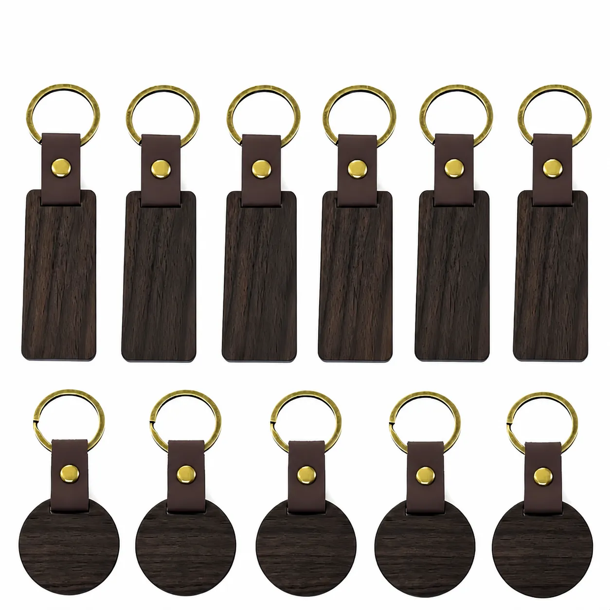 Minimalistische Houten Sleutelhanger Met Leren Riem Walnoot Beukenhout Rechthoekig Rond Houten Sleutelring Bronzen Metalen Ring Voor Heren Dames Cadeau