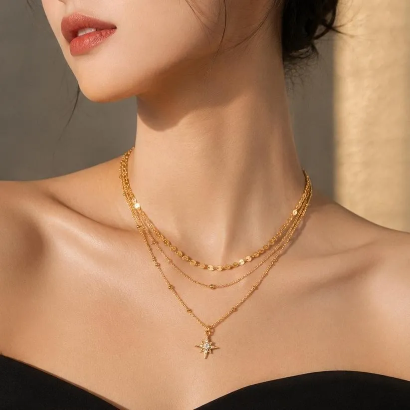 Collier À Plusieurs Rangs En Acier Inoxydable Pendentif Étoile Strass Chaîne À Billes Et Disques Dorés Femmes