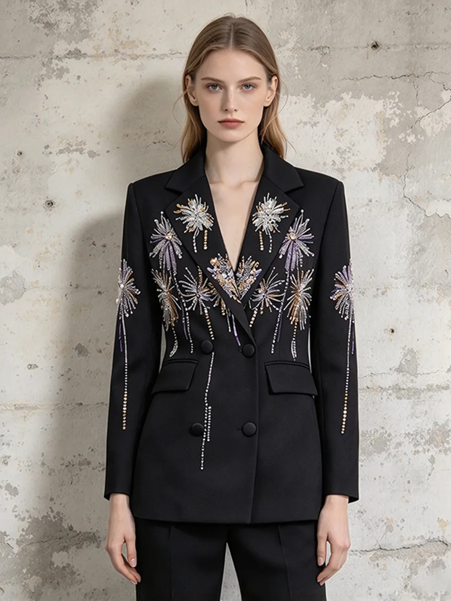 Women's Fashion Heavywork Sequin Blazer Fireworks Pattern V-Neck Double Breasted Suit Jacket Streetwear Party Outerwear