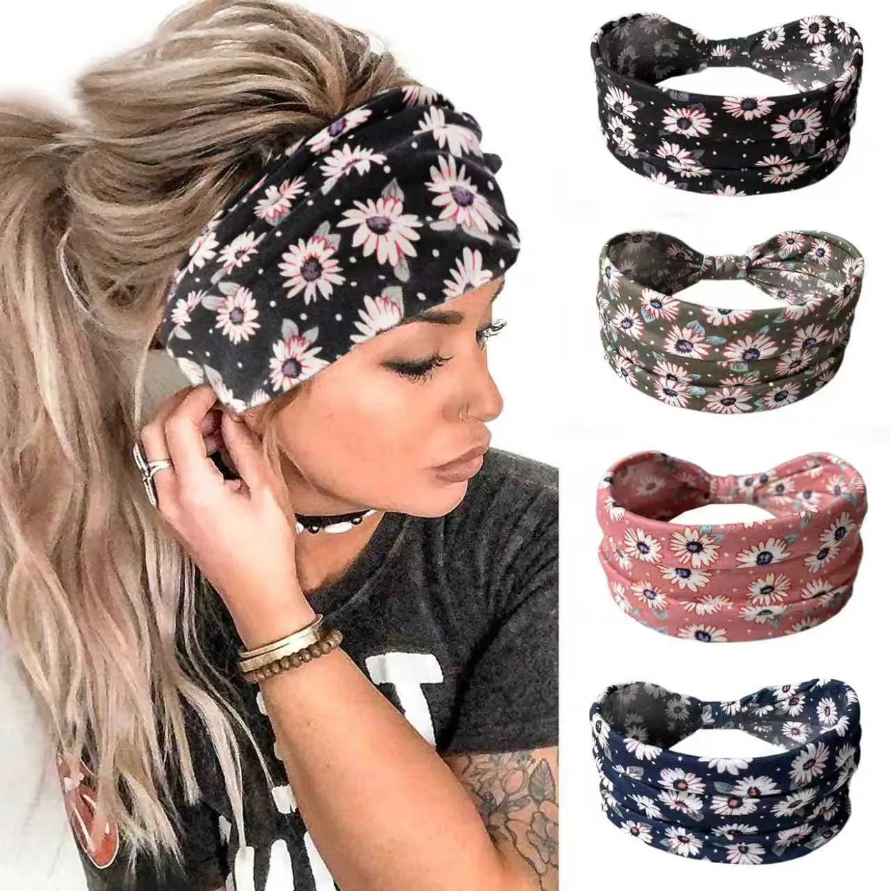Böhmisch Blumen Dehnbar Geknotet Yoga Stirnband Schweißband Polyester Haarband Für Damen Sport