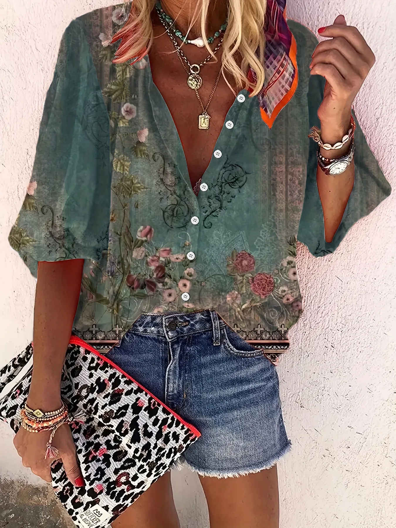 Women's Vintage Floral Print V-Neck Cardigan Shirt Casual Loose Three-Quarter Sleeve Button Down Blouse Top