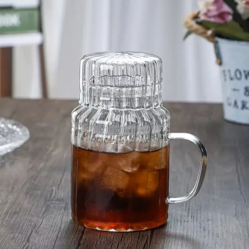 Heat Resistant Glass Water Cup Transparent Striped Tea Mug With Lid And Handle For Home And Office Drinkware