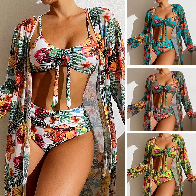 Women Tropical Floral Print Bikini Three Piece Set Long Sleeve Cover Up High Waist Swimsuit Sexy Vacation Beachwear