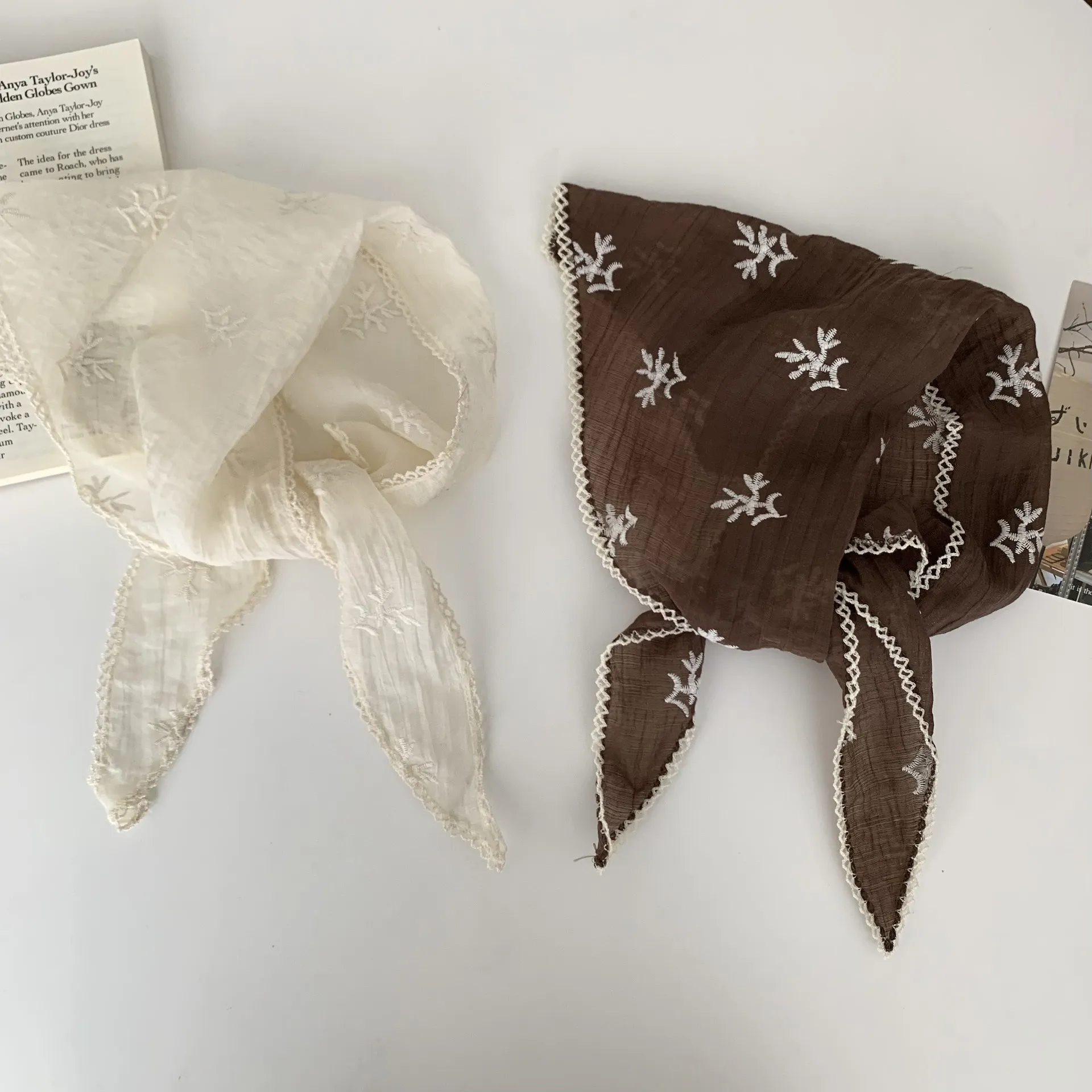 French Vintage Cotton Linen Floral Triangle Scarf Women Summer Pastoral Style Lace Embroidered Headband Hair Accessory