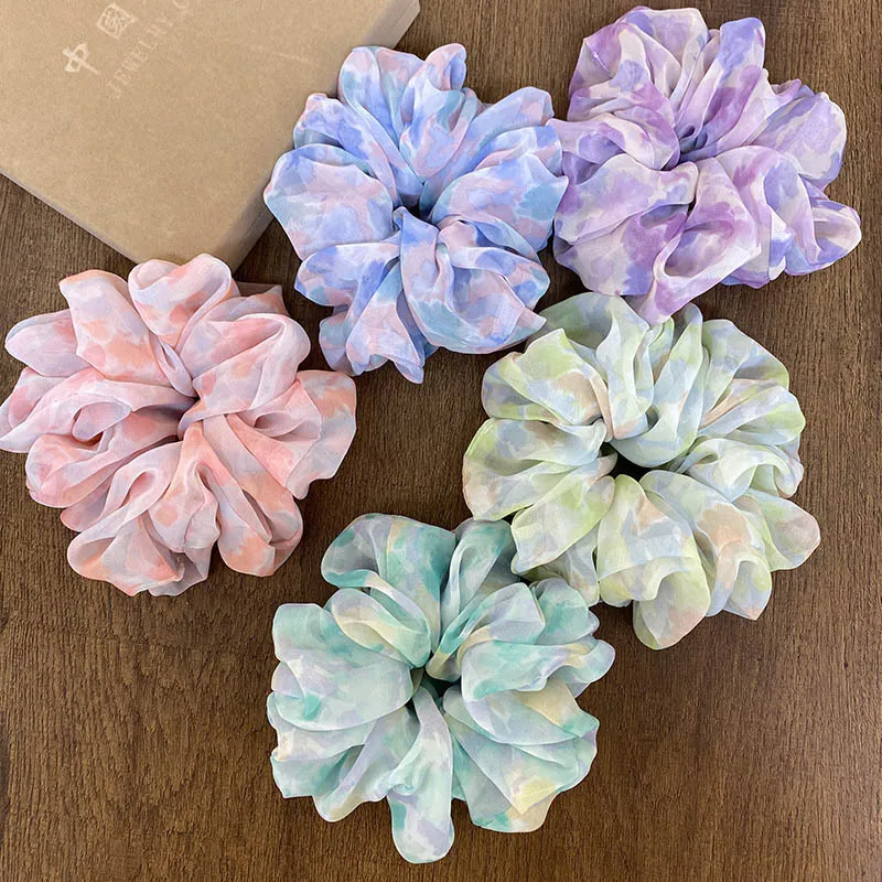 Große Batik Flauschige Chiffon Haargummis Koreanischer Stil Weiche Elastische Haarbänder Haarschmuck Für Damen