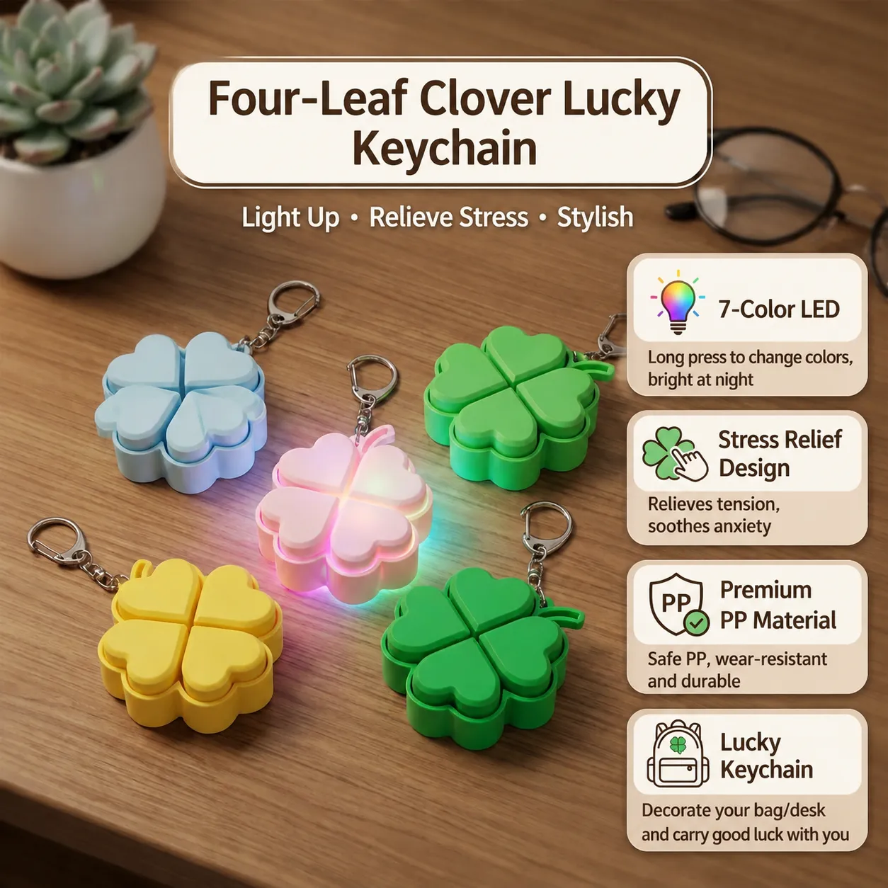Clover Glowing Decompression Keychain LED Light Stress Relief Fidget Toy Cute Bag Pendant For Women