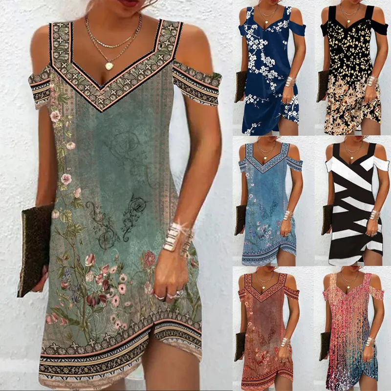 Mujer Casual Cuello en V Hombros Descubiertos Manga Corta Vestido Midi Slim Fit Floral Estampado Vestido de Verano Fiesta Streetwear