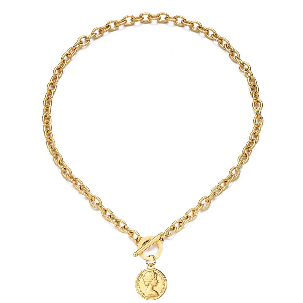 Collier Pendentif Pièce Tête de Reine Vintage Chaîne Épaisse Acier Inoxydable Fermoir OT Bijou Minimaliste Cadeau Unisexe