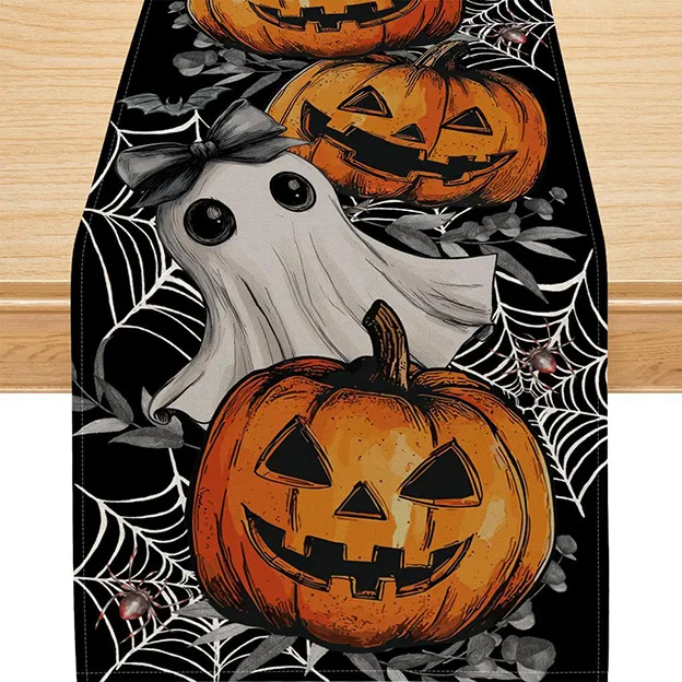 Runner da Tavola di Halloween Zucca Fantasma Pipistrello Ragnatela Stampato Tovaglia in Lino Copertura Tavolo da Pranzo Decorazioni per Feste