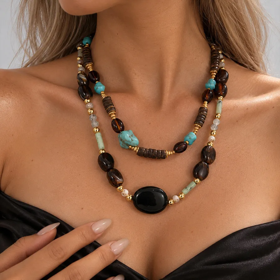 Vintage Ethnic Style Acrylic Oval Bead Multi-Layer Clavicle Chain Necklace For Women Fashion Jewelry Gift