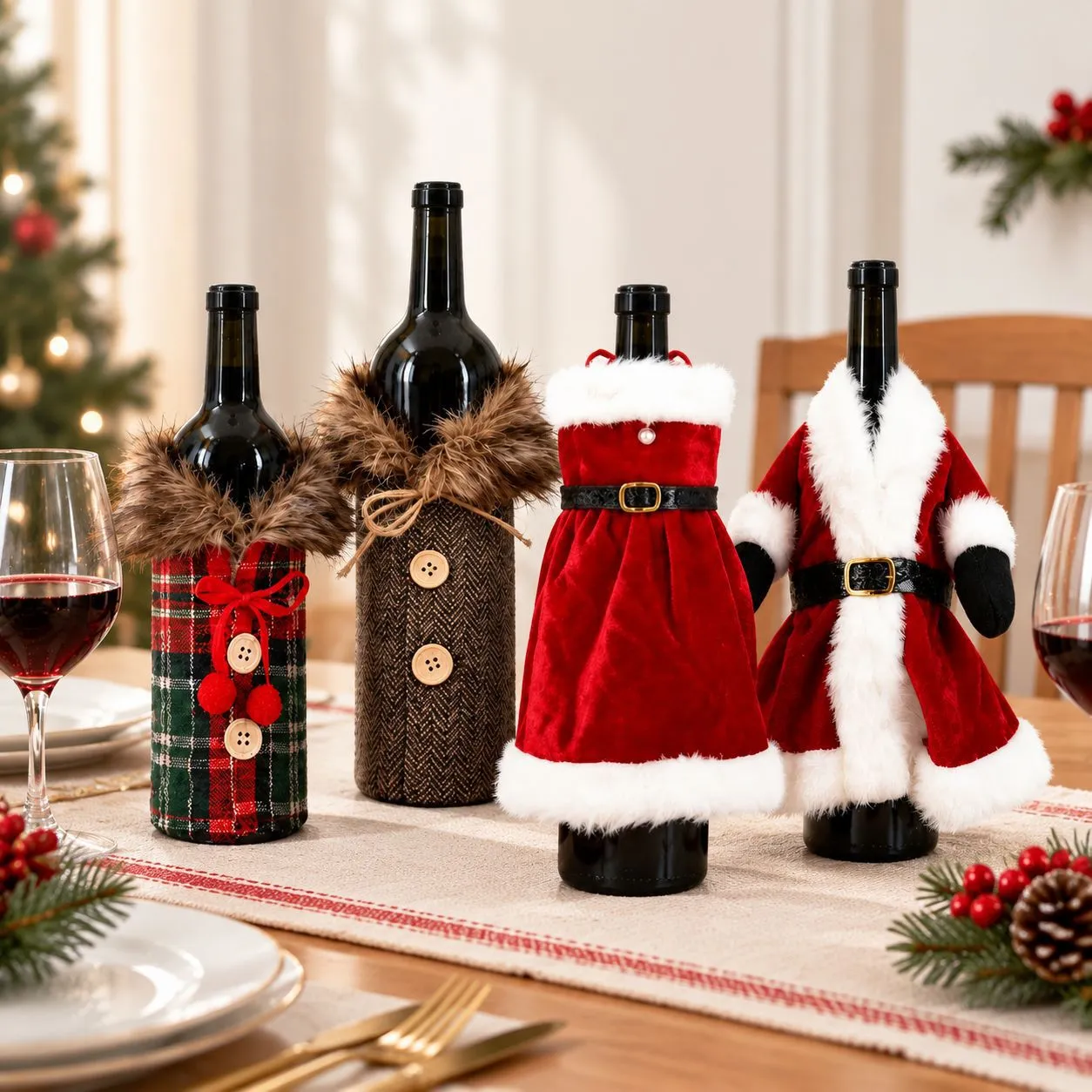 Housse de Bouteille de Vin Rouge en Peluche de Noël Décoration de Table de Fête Festive Manchon de Bouteille de Champagne Décoration de Maison de Vacances