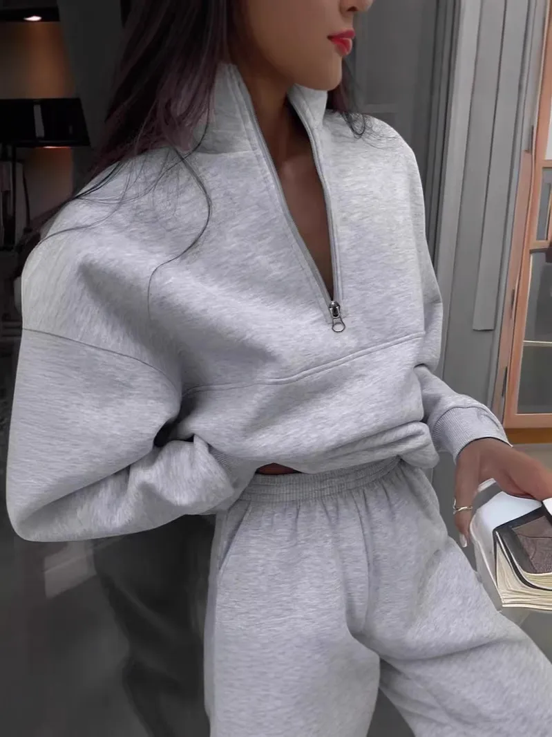 Women Casual Solid Color Long Sleeve Half Zipper Sweatshirt Drawstring Pants Top And Bottom Elegant Tracksuit