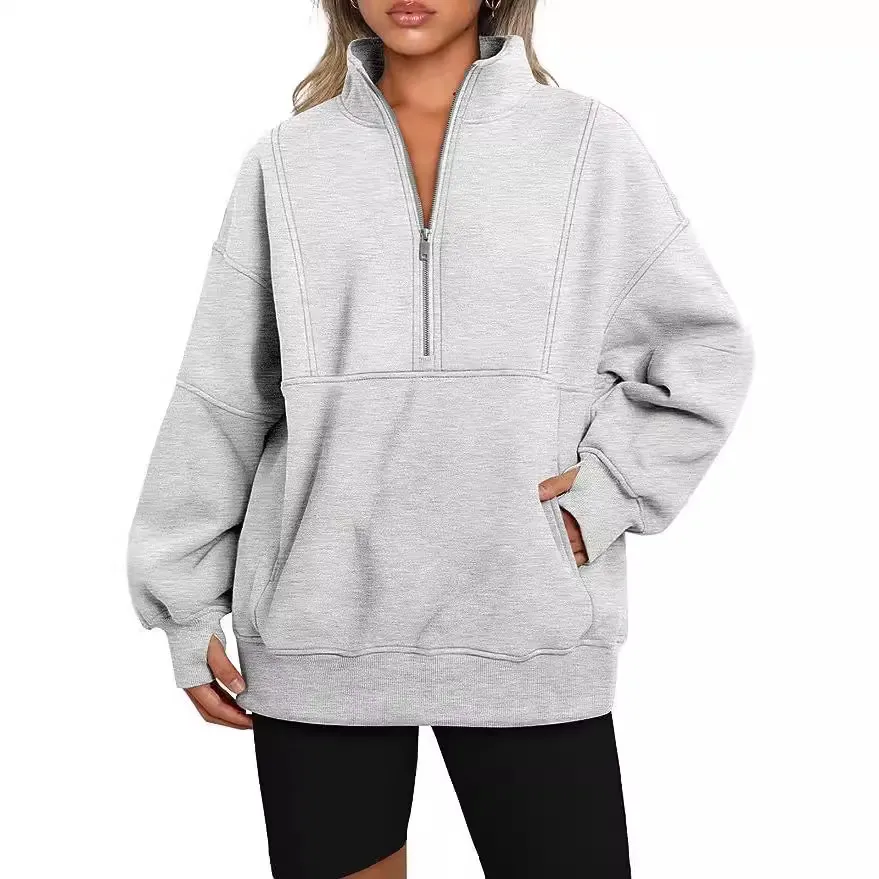 Women Sweatshirt Casual Half Zip Polo Collar Long Sleeve Fleece Lined Loose Patchwork Pullover Top For Daily Wear