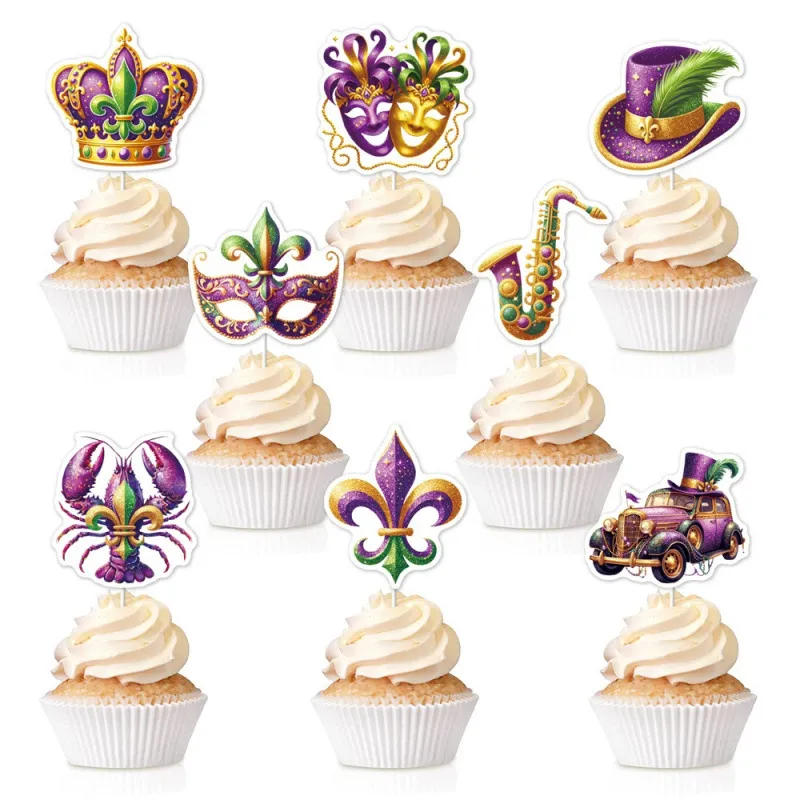 Carnival Mardi Gras Cupcake Toppers Mask Crown Saxophone Paper Cake Decorations Party Dessert Table Supplies