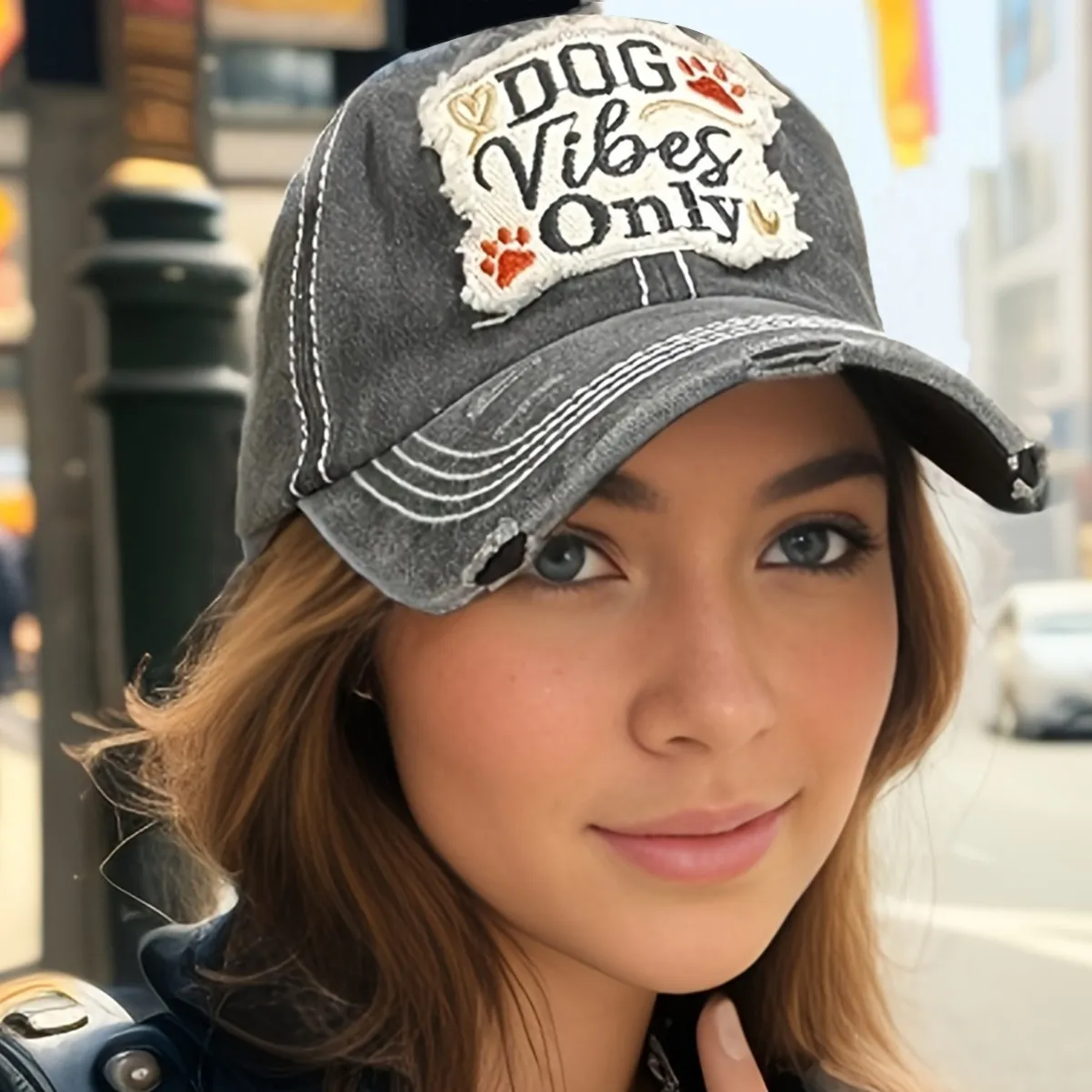 Casquette de Baseball en Coton Lavé Vintage Unisexe Broderie de Lettres Chien Usée Chapeau de Papa Ajustable Décontracté