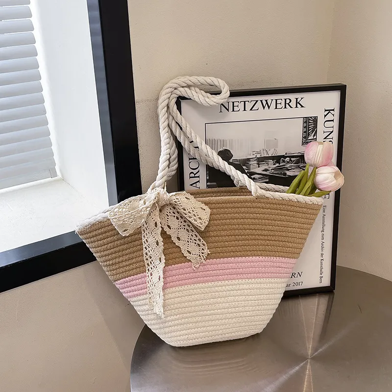 Woven Tote Bag For Women Color Block Casual Beach Shoulder Bag Large Capacity Handbag With Lace Bow