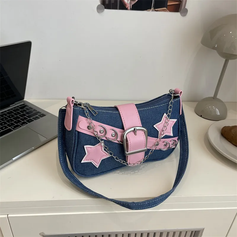Women Fashion Denim Shoulder Bag Y2K Casual Star Patchwork Underarm Bag Rivet Chain Handbag Trendy Purse