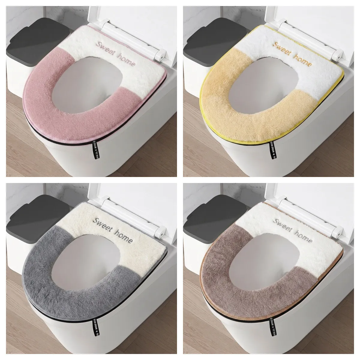 Einfacher WC-Sitzbezug Mit Kaninchenfell-Imitat Patchwork Reißverschluss Gestickt Wasserdicht Plüsch Toilettenmatte Für Den Winter