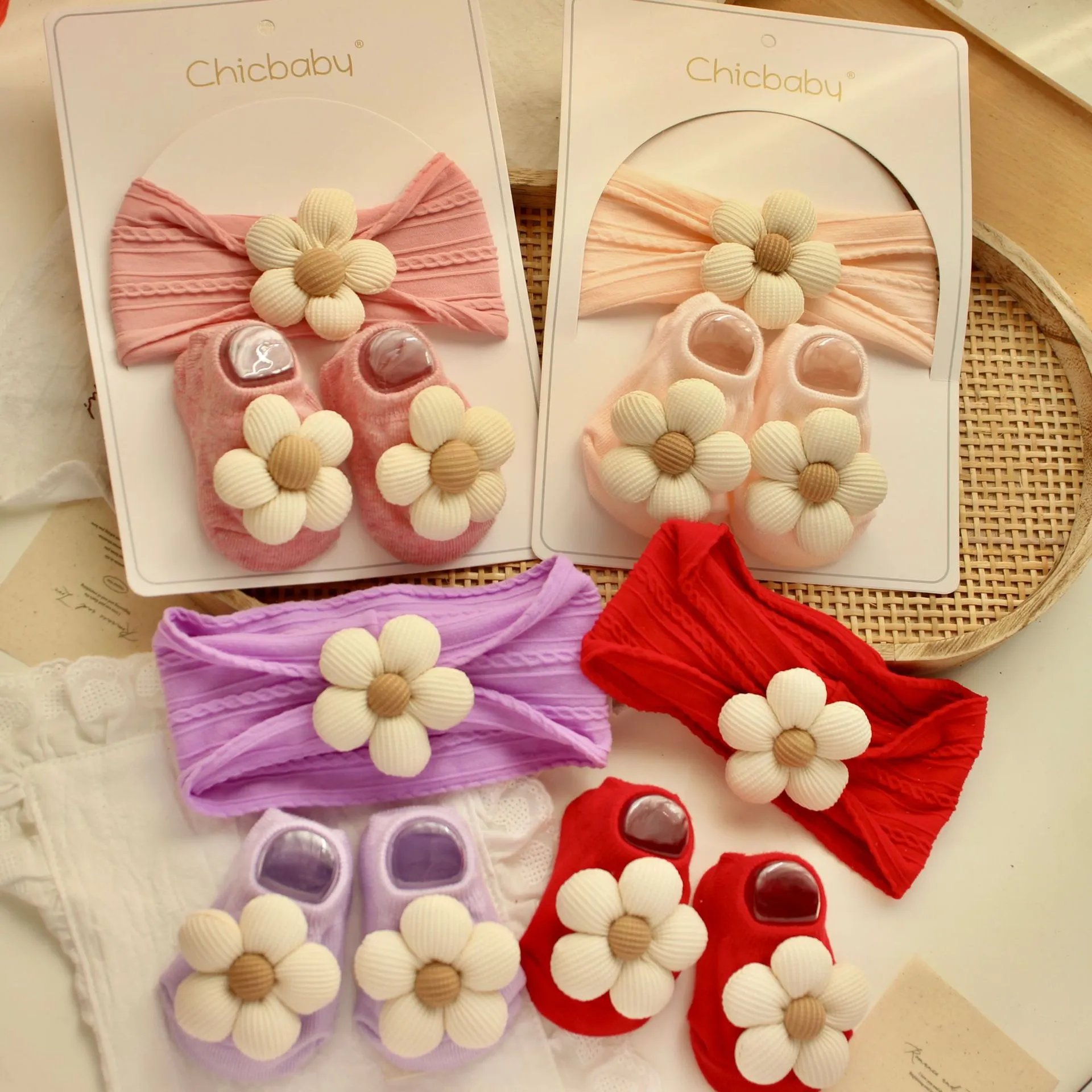 Cute Baby Headband And Socks Set Newborn Infant Floral Hair Accessories With Soft Fabric Elastic Hairband