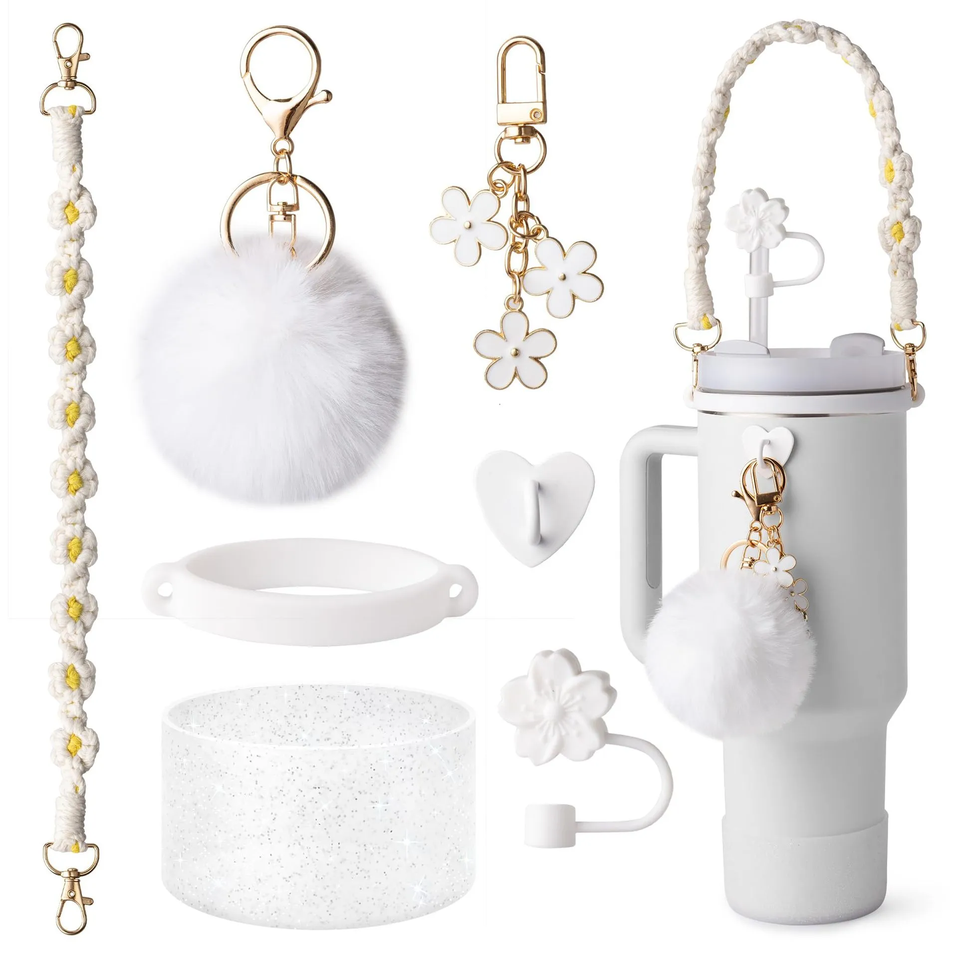 Woven Lanyard Flower Straw Cover Glitter Cup Boot Plush Ball Cup Chain Pendant Set For Large Capacity Water Bottle