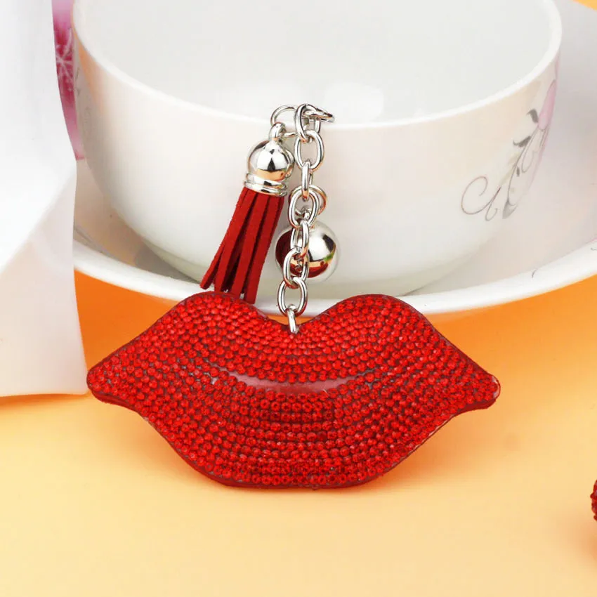 Lujo Elegante Brillante Labios Strass Cuero Borla Llavero Lindo Bolso Encanto Monedero Colgante Regalo