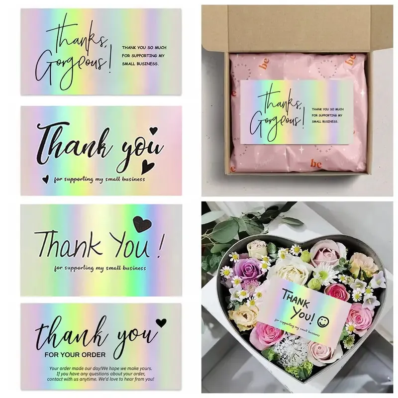 Holographic Laser Thank You Cards Small Business Packaging Decoration Shiny Foil Greeting Cards Blank Note Cards