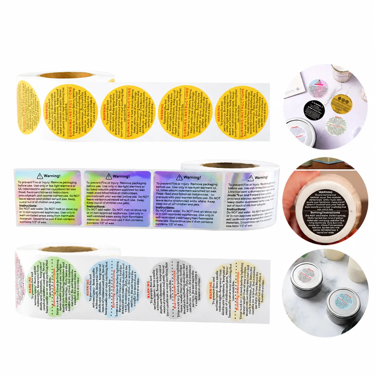 Roll Candle Warning Stickers Self Adhesive Safety Labels Waterproof Candle Jar Decals For DIY Candle Craft Supplies