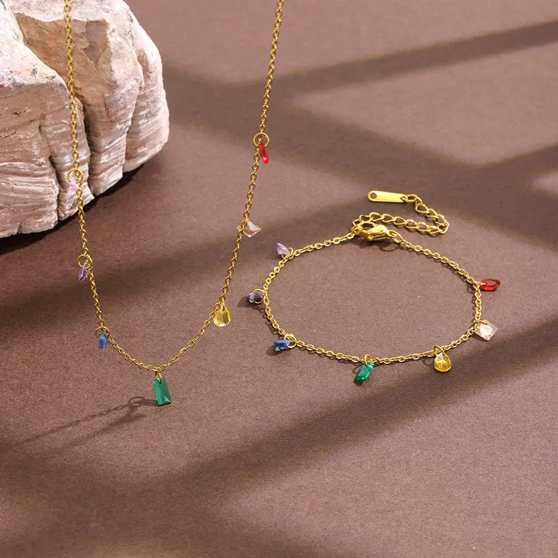 Minimalist Stainless Steel Crystal Stone Pendant Necklace Bracelet Anklet Gold Plated Fashion Jewelry Gift For Women