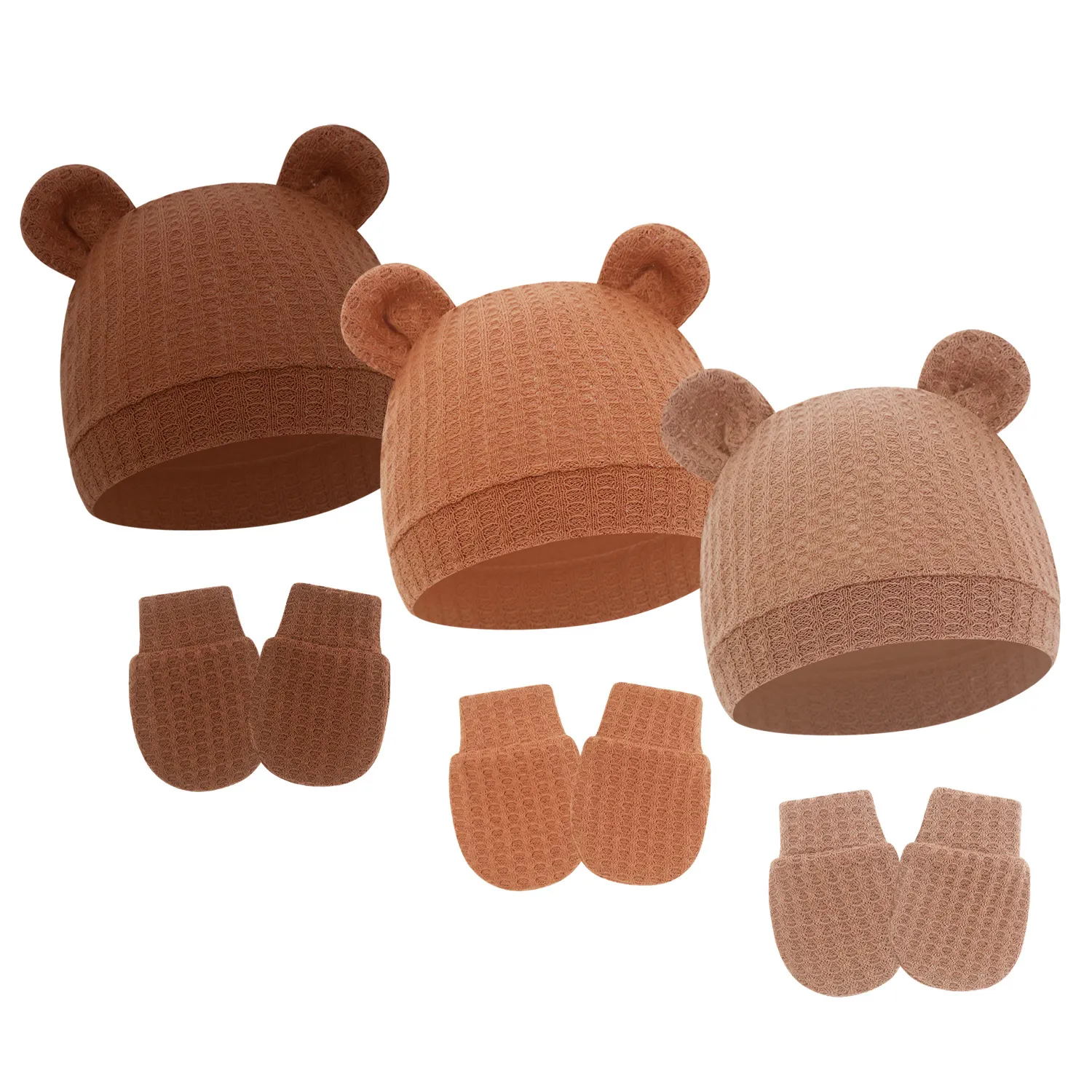 Newborn Baby Knit Hat And Gloves Set Cute Animal Ear Waffle Thermal Beanie Infant Cap Winter Warm Accessories