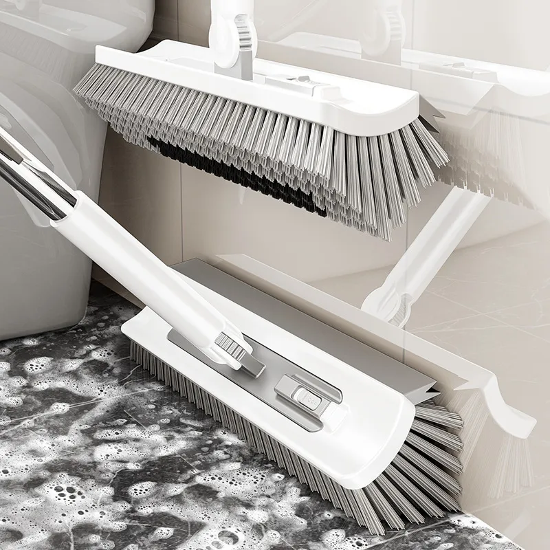 Long Handle Floor Scrub Brush With Squeegee And Durable Bristles V Shaped Tile Cleaner For Bathroom Wall Toilet