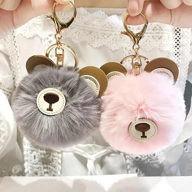 Cute Teddy Bear Keychain Plush Pom Pom Key Ring PU Leather Cute Animal Bag Pendant Key Accessories