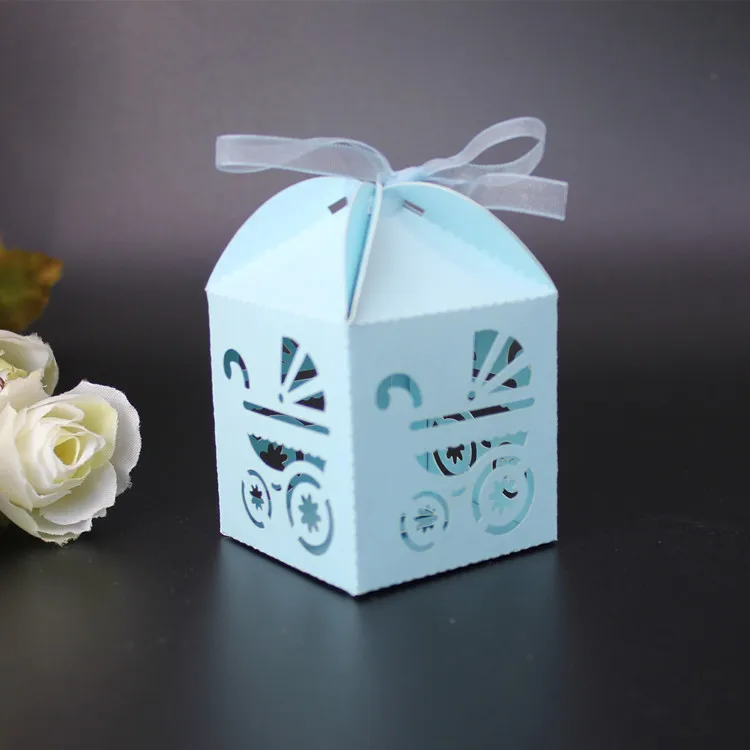 Caja de Caramelos para Baby Shower Cochecito Hueco Caja de Regalo de Papel Fiesta de Cumpleaños Boda Recuerdo Caja de Embalaje con Cinta