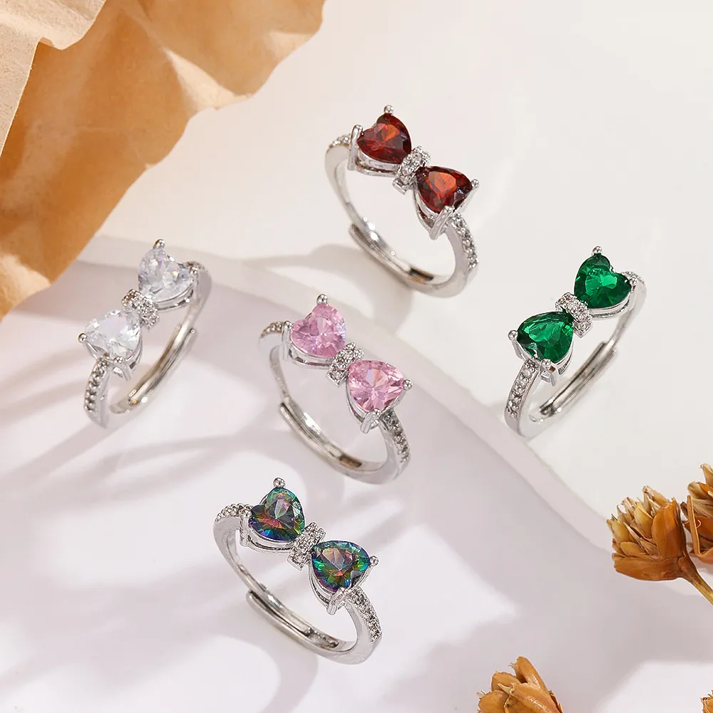 Luxury Bow Copper Ring With Colorful Zirconia Open Adjustable Design Fashion Women Finger Jewelry Gift Ring