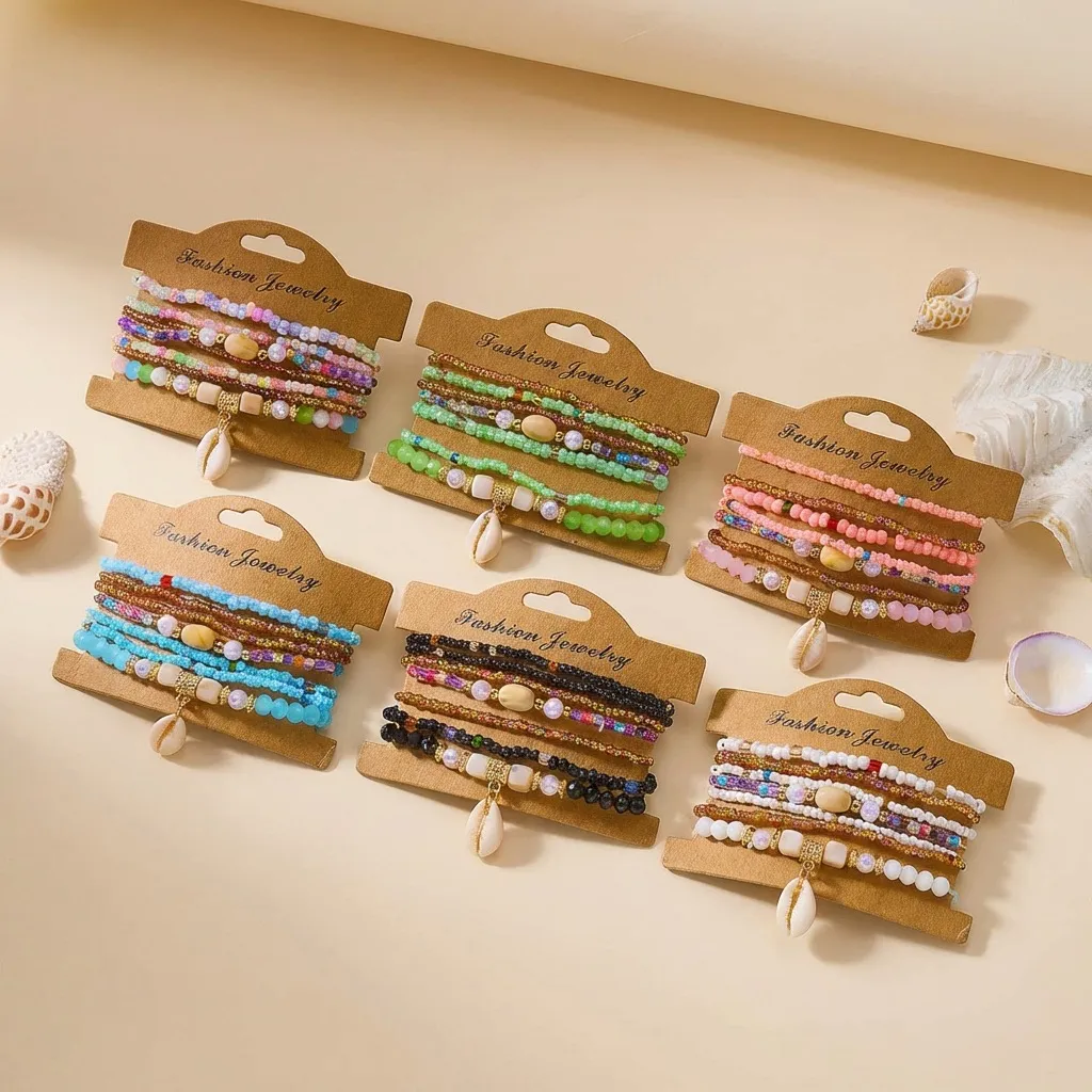 Bohemian Πολυστρωματικό Σετ Βραχιόλι με Χάντρες Για Γυναίκες Κρεμαστό Κοχύλι από Κράμα Φυσική Πέτρα Κρύσταλλο Δώρο Κοσμημάτων Παραλίας
