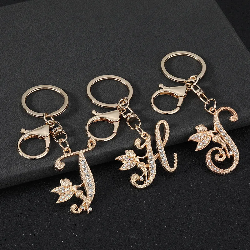 Fashion Alloy Rhinestone English Letter Keychain Cute Little Angel Bag Pendant Gold Key Ring Jewelry Gift