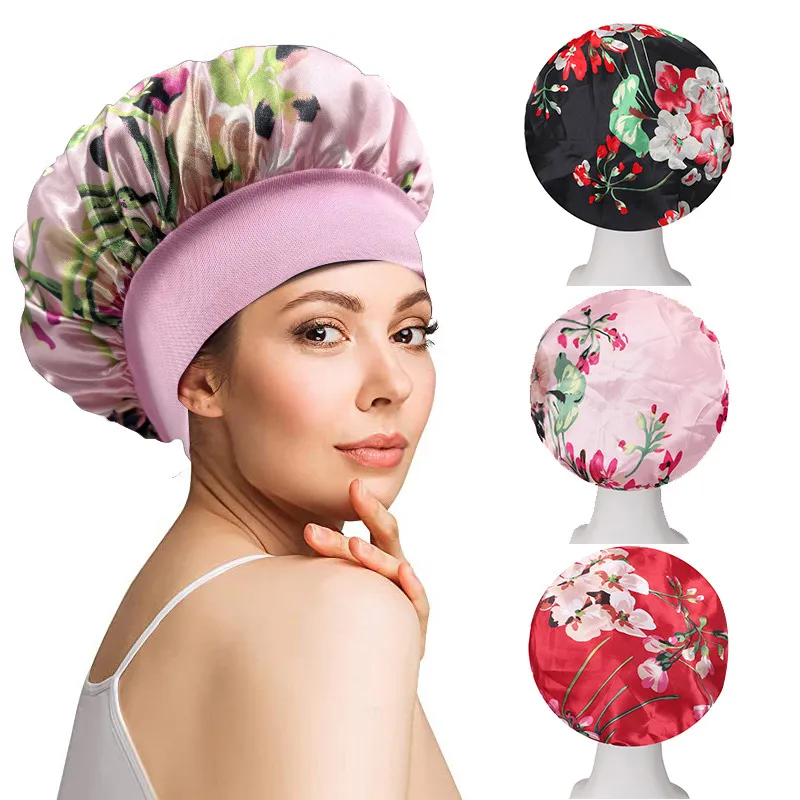 Women Satin Sleep Cap Floral Printed Wide Band Elastic Night Cap Hair Care Bonnet For Sleeping Daily Use