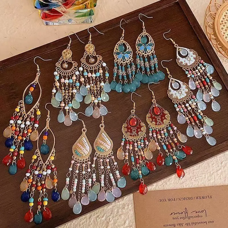 Boho Crystal Long Tassel Earrings Ethnic Geometric Drop Dangle Earrings Fashion Jewelry For Women Travel Photo Party