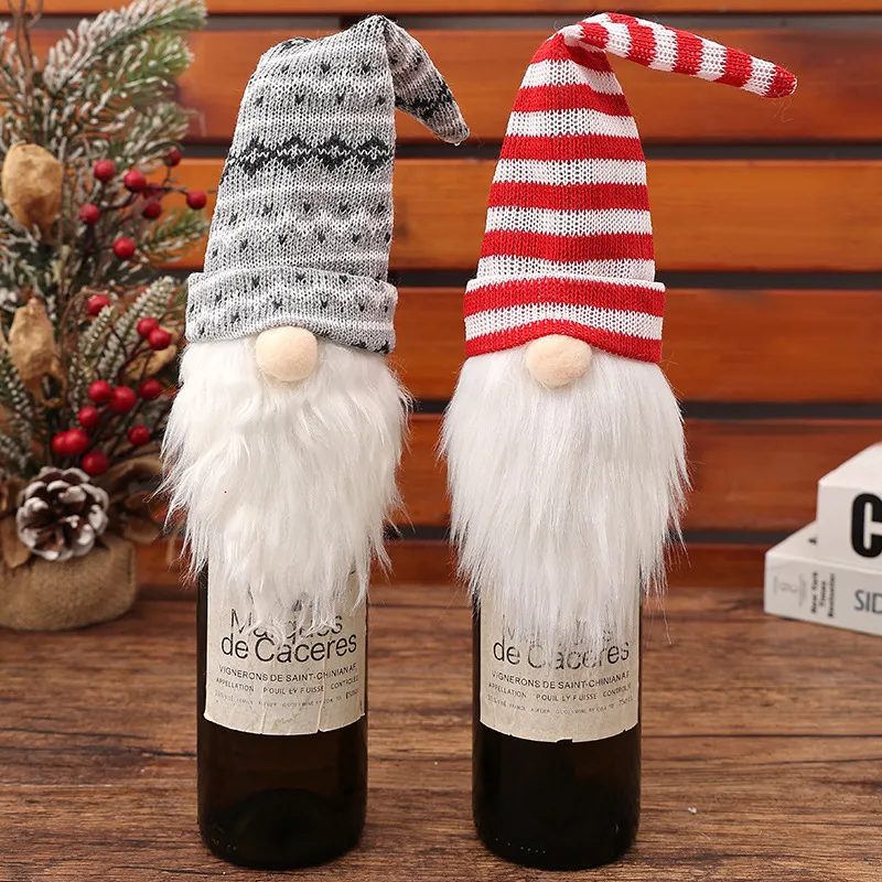 Christmas Wine Bottle Cover Gnome Faceless Old Man Knitted Fabric With Artificial Fur Forest Elder Hat Xmas Table Decoration Party Ornament