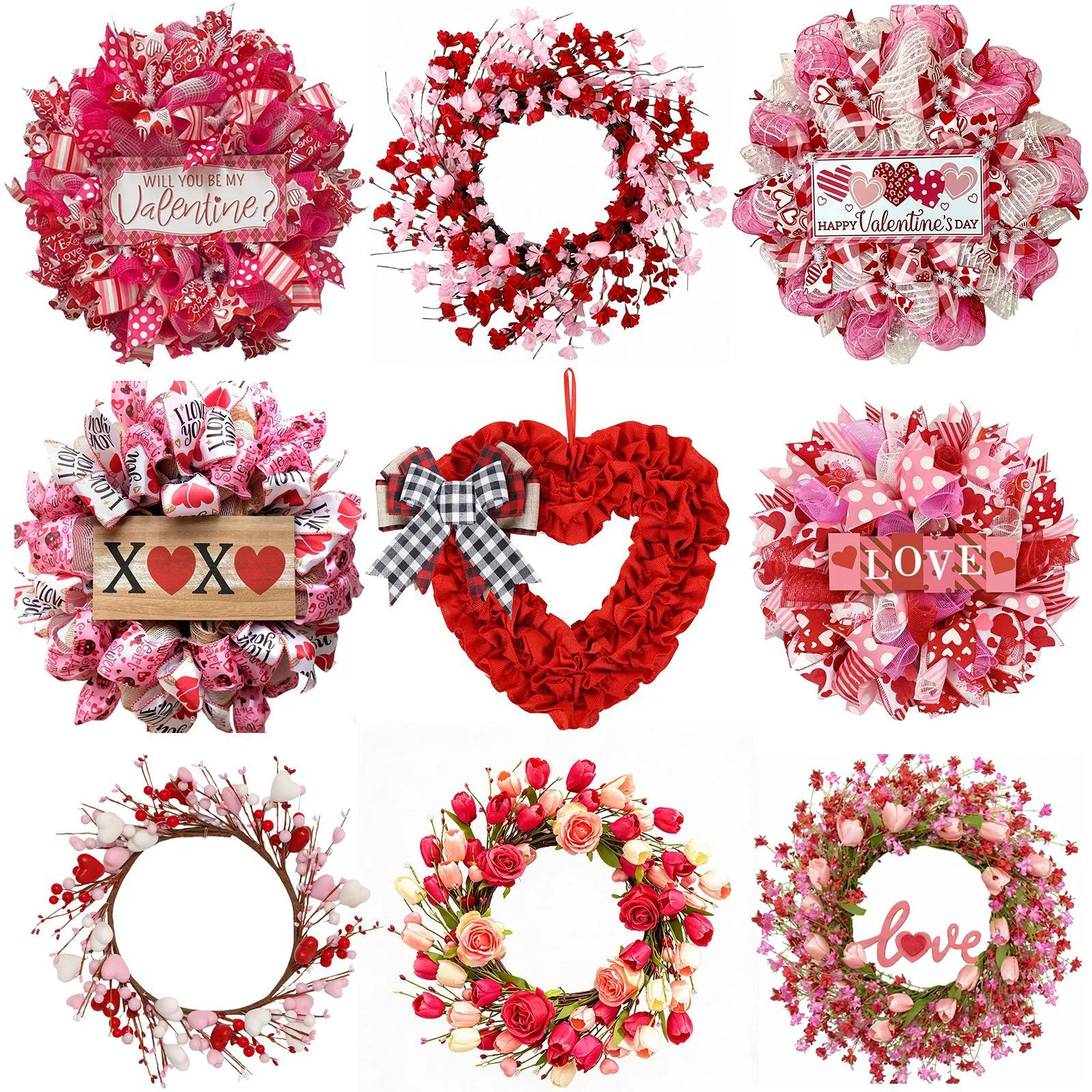 Couronne en Cœur Romantique de la Saint-Valentin en Plastique Soie Artificielle Ruban Décoration à Suspendre pour Maison Fête Mariage