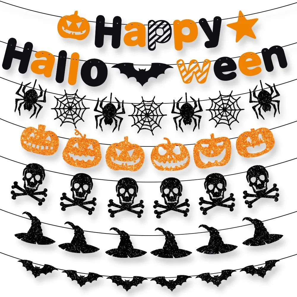 Halloween Party Decoration Banner Happy Halloween Pumpkin Bat Skull Witch Spider Hanging Garland Party Supplies