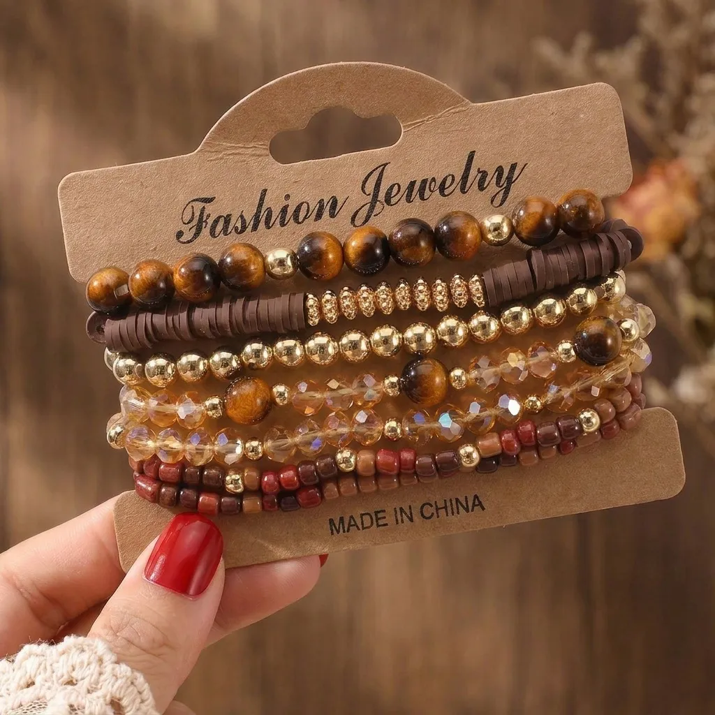 Bohemian Multilayer Stacking Beaded Bracelet Set Handmade Wood Glazed Beads Natural Stone Elastic Rope Beach Ethnic Jewelry
