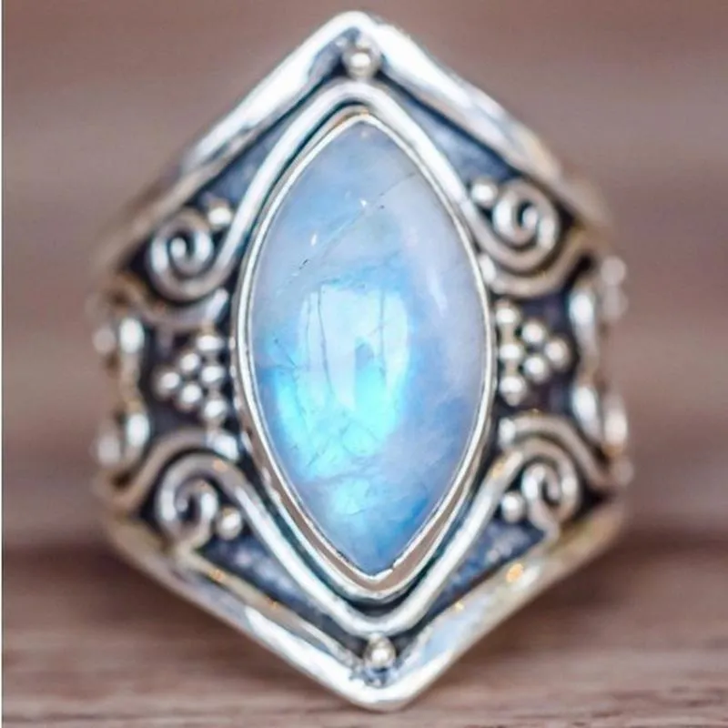 Anello in Lega Marquise Vintage per Donna Argento Antico Retrò Intaglio Cavo con Pietra Blu Anello da Dito Gioielli Boho Etnici